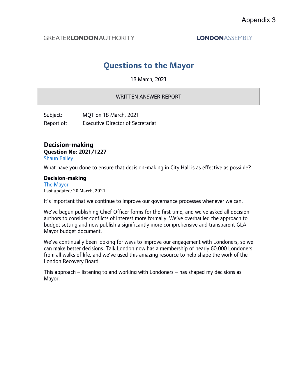 Questions to the Mayor