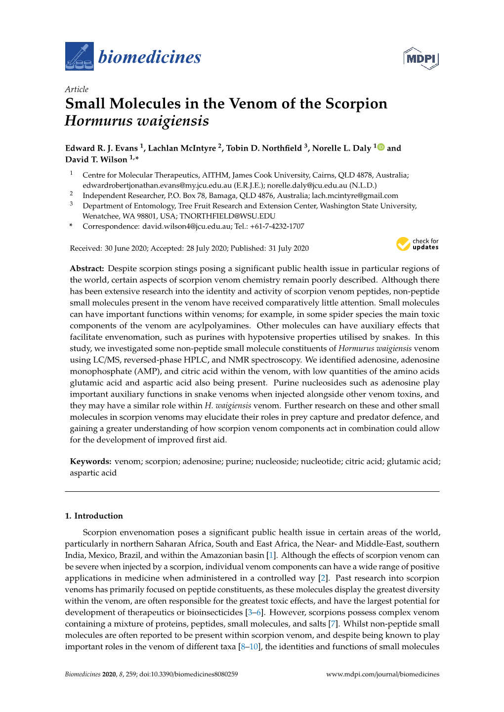 Small Molecules in the Venom of the Scorpion Hormurus Waigiensis