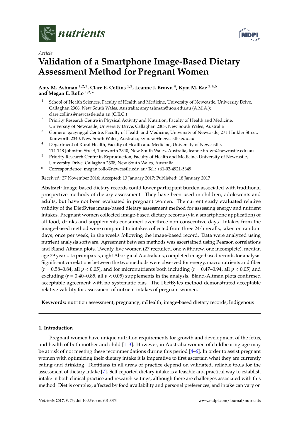 Validation of a Smartphone Image-Based Dietary Assessment Method for Pregnant Women