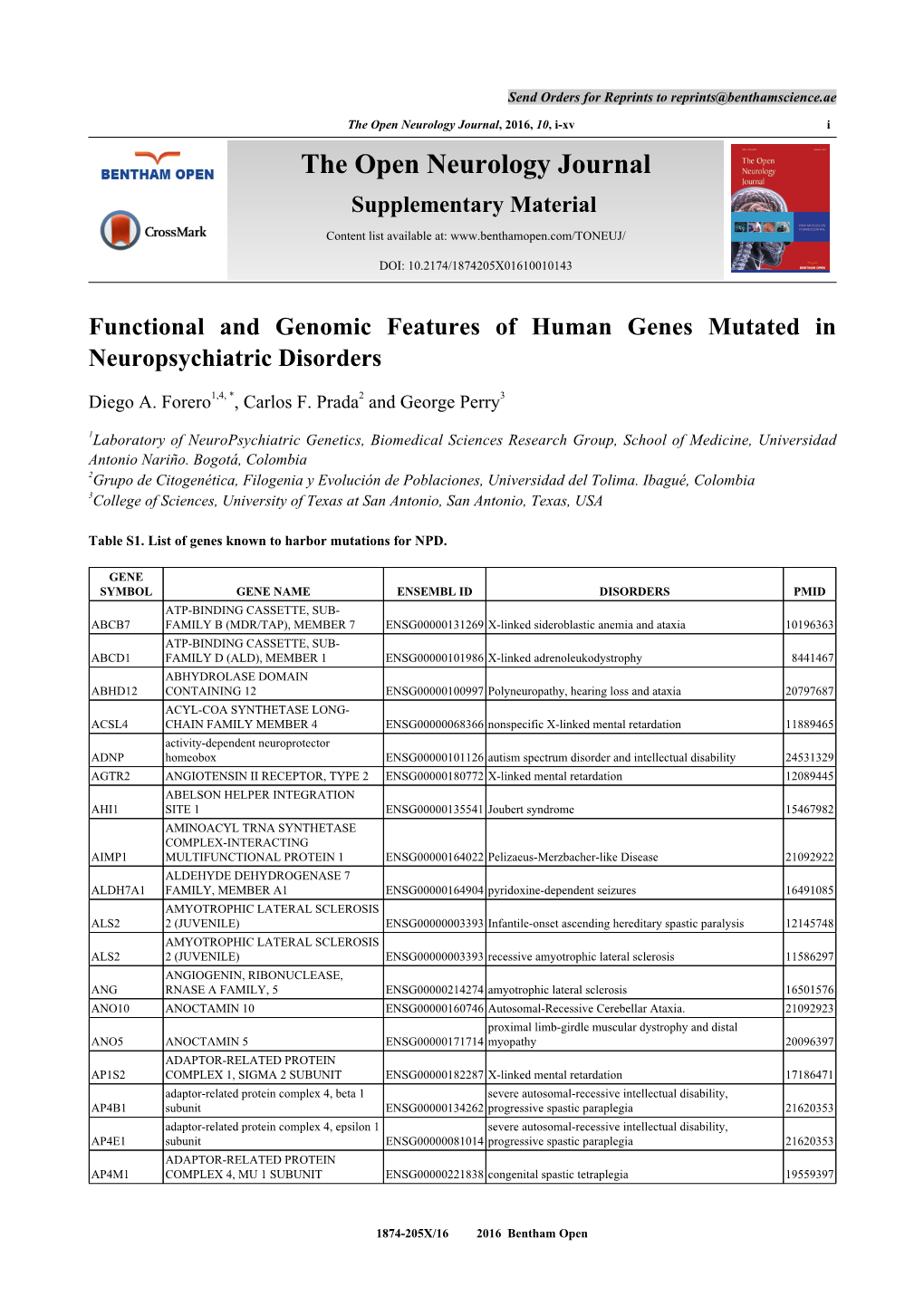 The Open Neurology Journal, 2016, 10, I-Xv I the Open Neurology Journal Supplementary Material Content List Available At