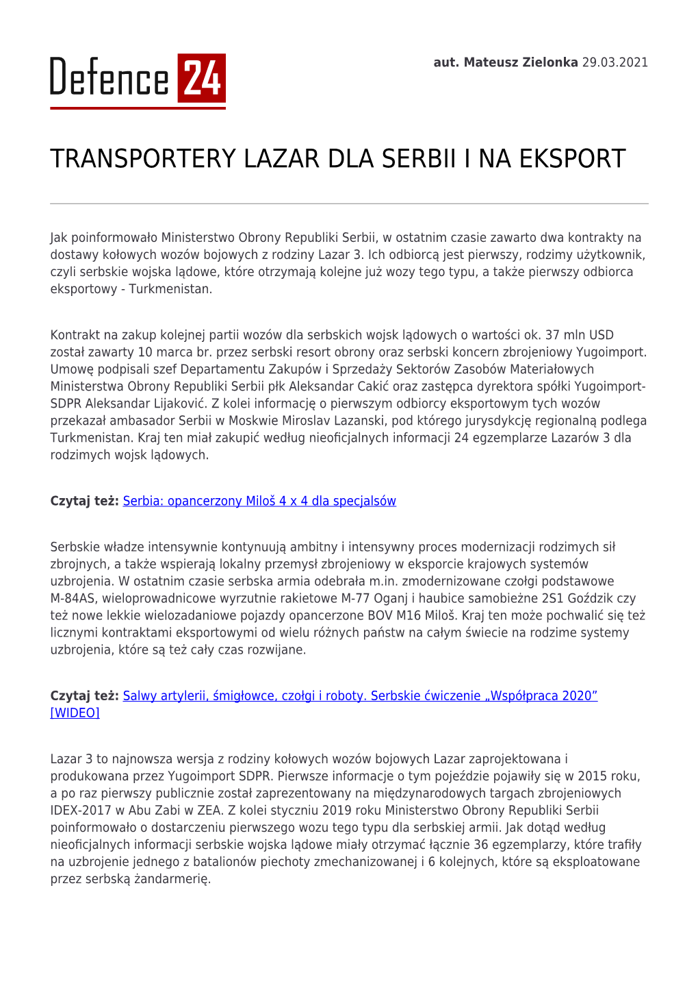 Transportery Lazar Dla Serbii I Na Eksport