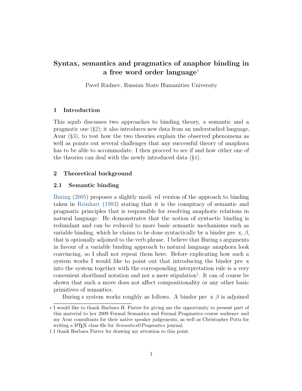 Syntax, Semantics and Pragmatics of Anaphor Binding in a Free Word Order Language∗