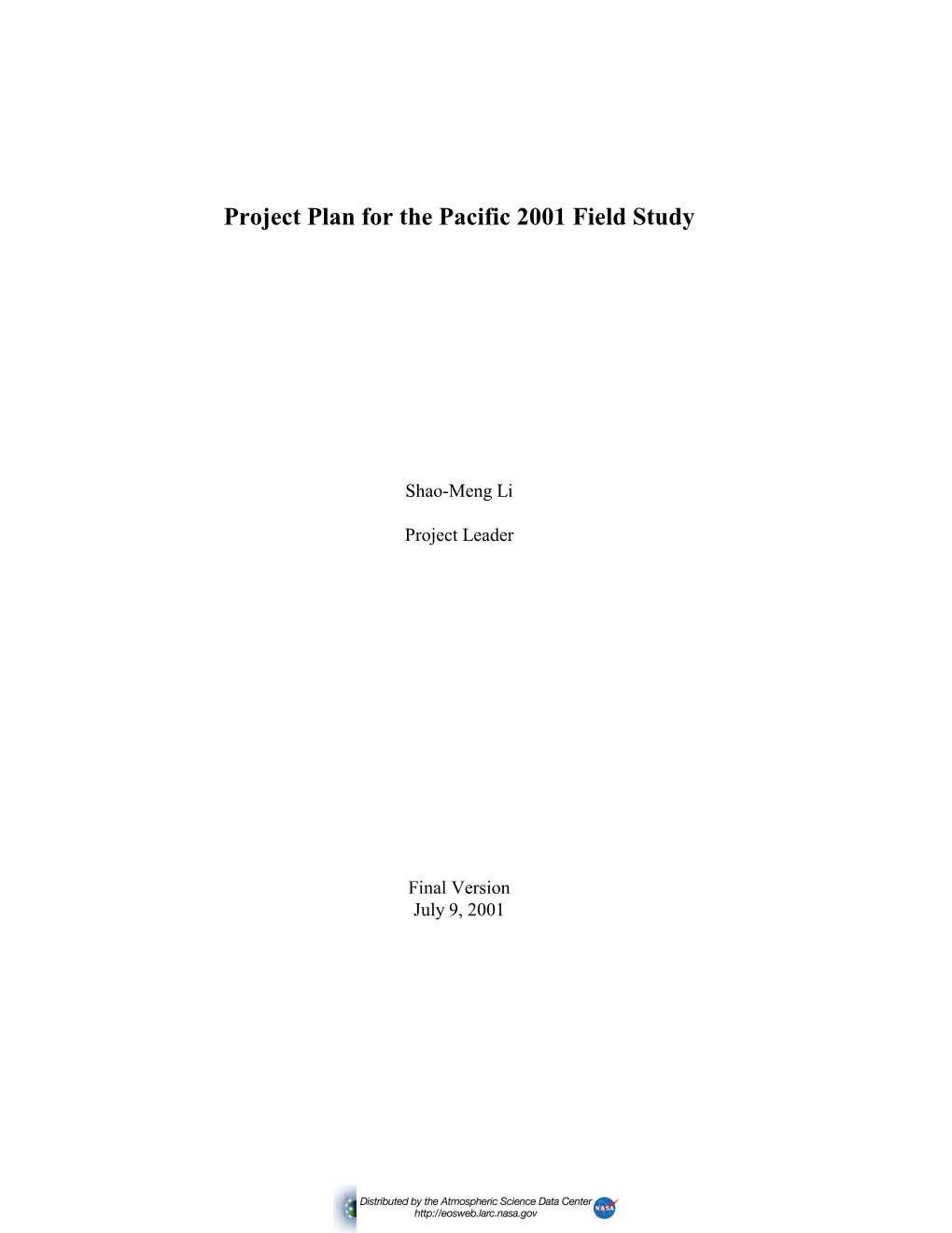 Pacific 2001 Project Plan