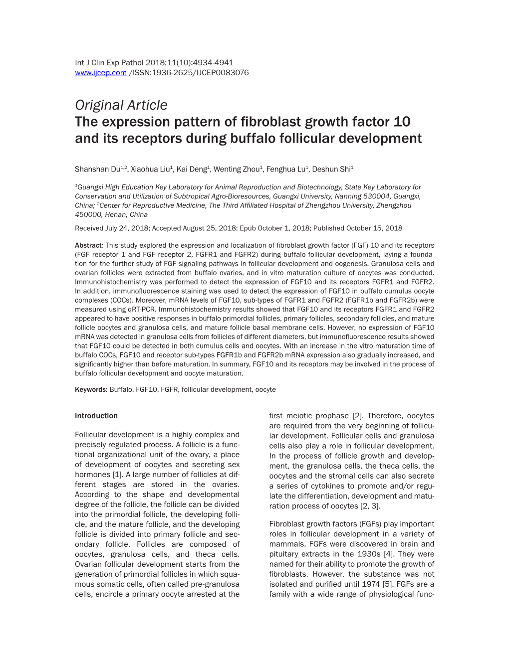 Original Article the Expression Pattern of Fibroblast Growth Factor 10 and Its Receptors During Buffalo Follicular Development