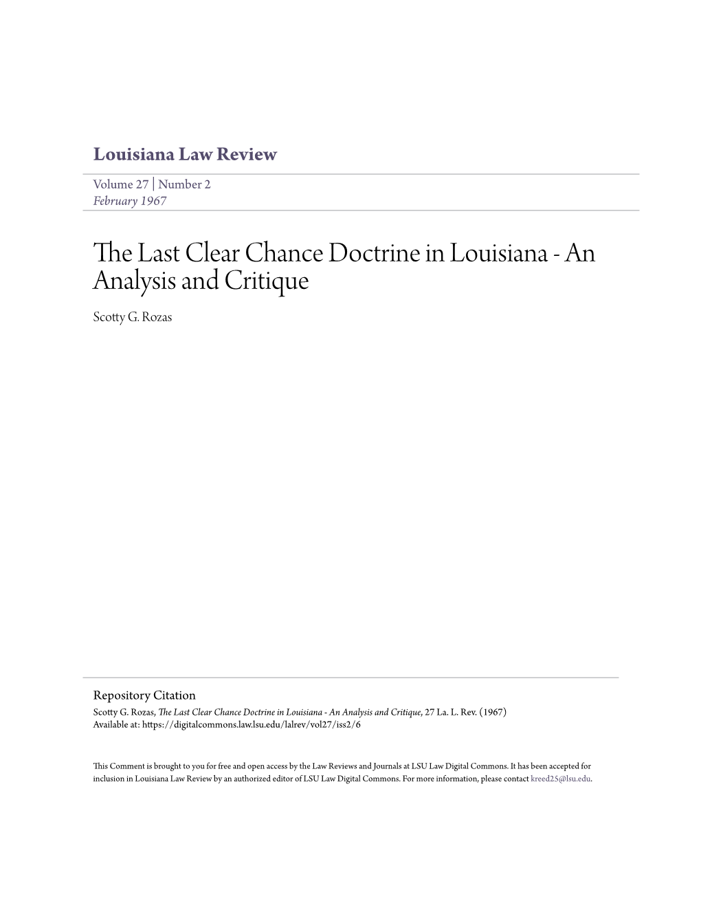 The Last Clear Chance Doctrine in Louisiana - an Analysis and Critique Scotty G