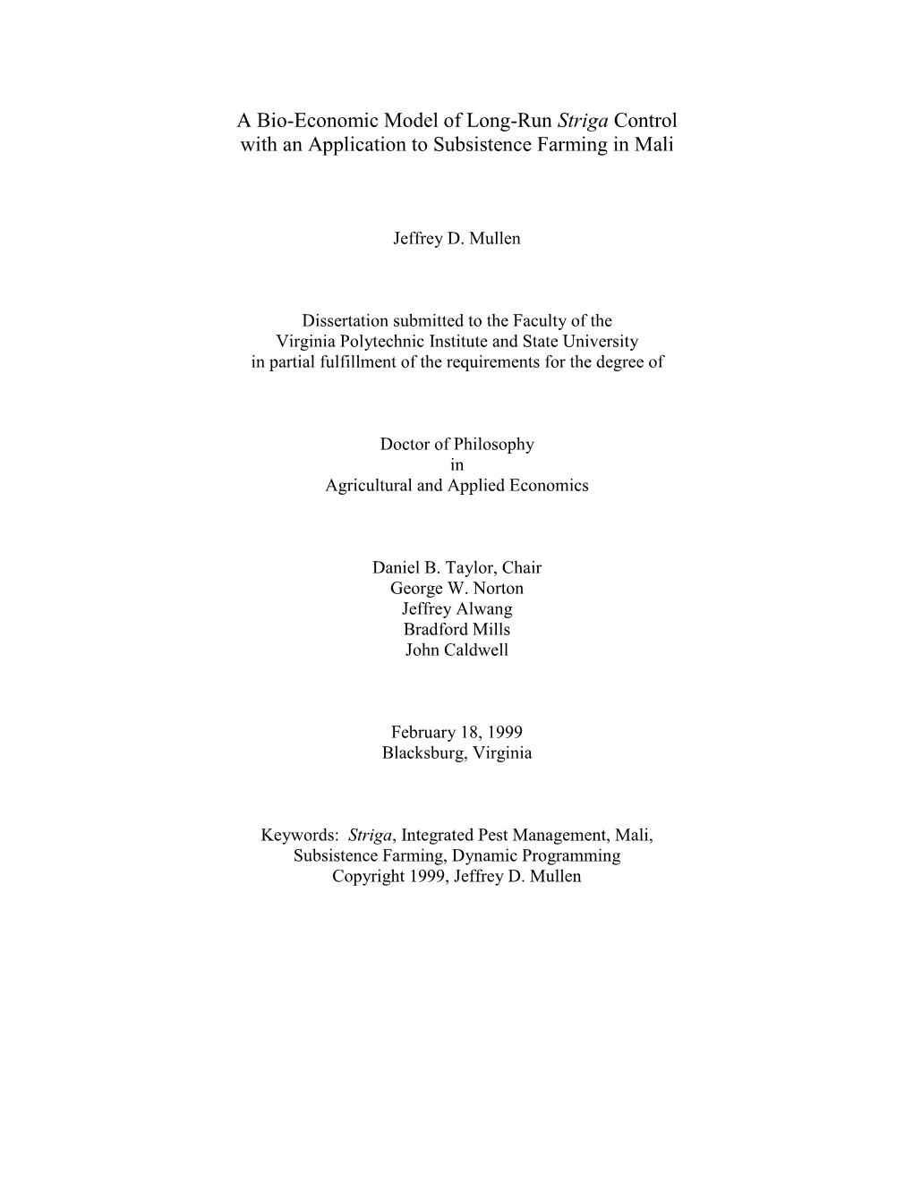 A Bio-Economic Model of Long-Run Striga Control with an Application to Subsistence Farming in Mali