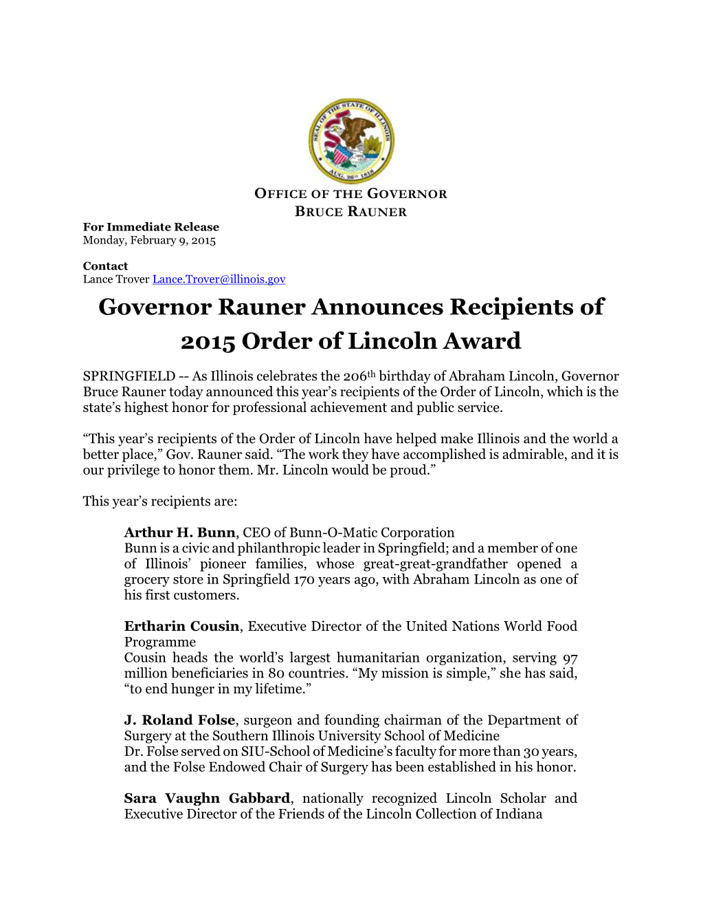 Governor Rauner Announces Recipients of 2015 Order of Lincoln Award