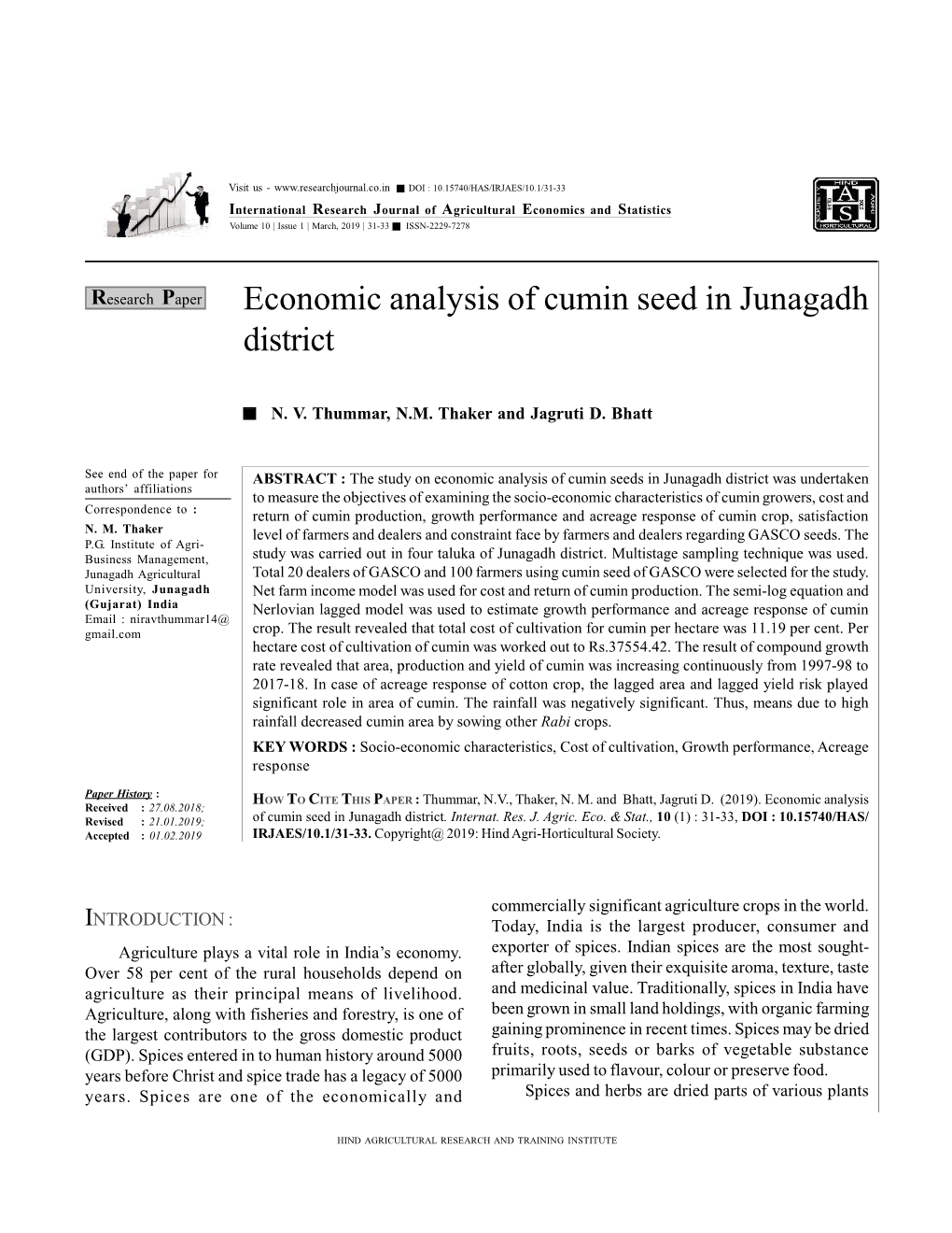 Economic Analysis of Cumin Seed in Junagadh District