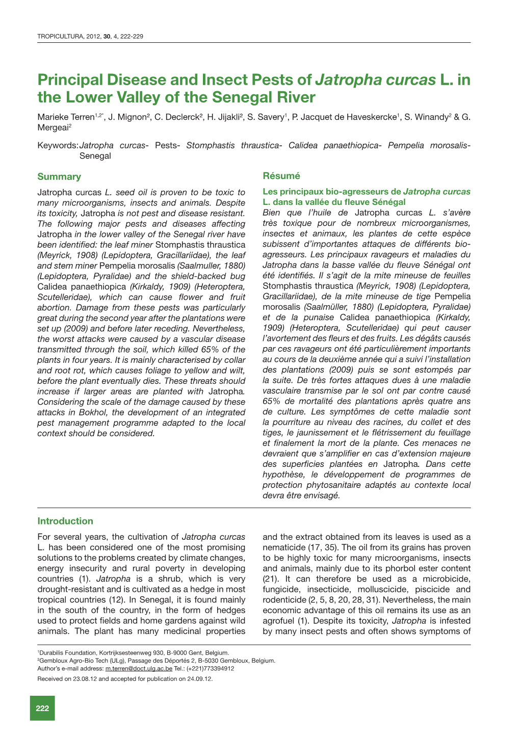 Principal Disease and Insect Pests of Jatropha Curcas L. in the Lower Valley of the Senegal River Marieke Terren1,2*, J