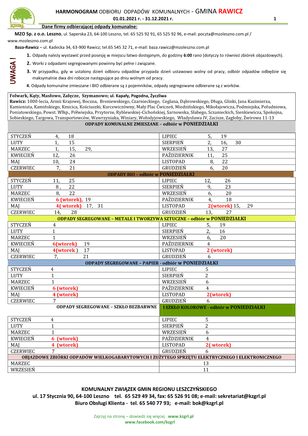 HARMONOGRAM ODBIORU ODPADÓW KOMUNALNYCH - GMINA RAWICZ 01.01.2021 R