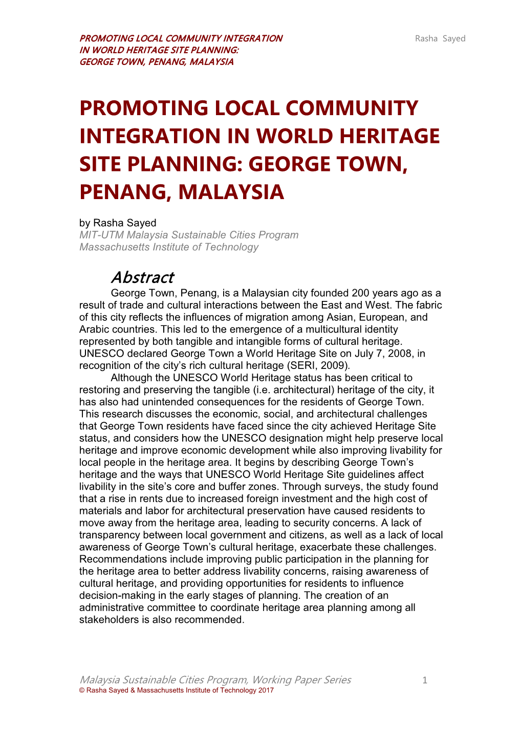 Promoting Local Community Integration in World Heritage Site Planning