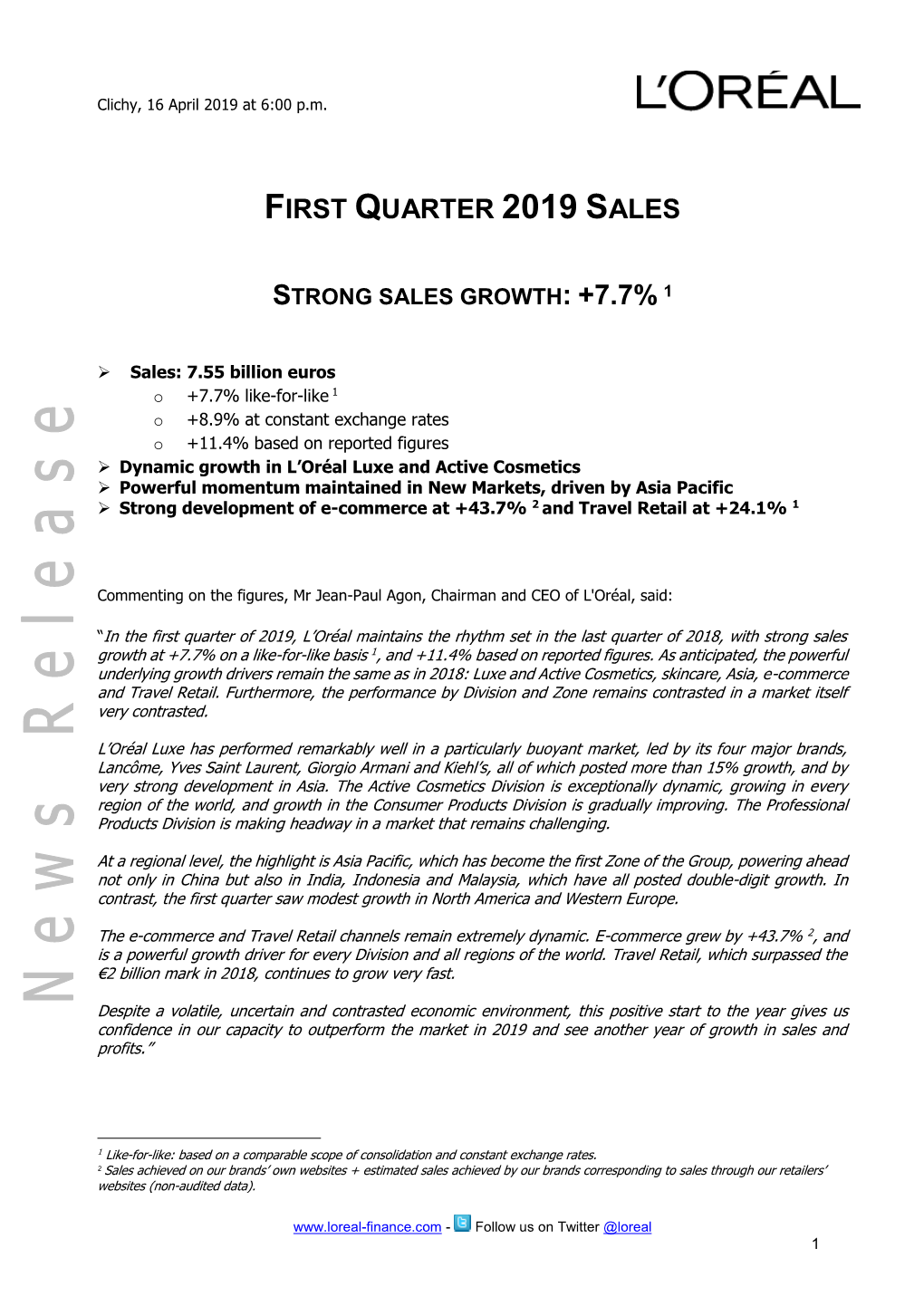 First Quarter 2019 Sales