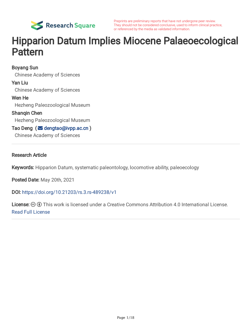 Hipparion Datum Implies Miocene Palaeoecological Pattern