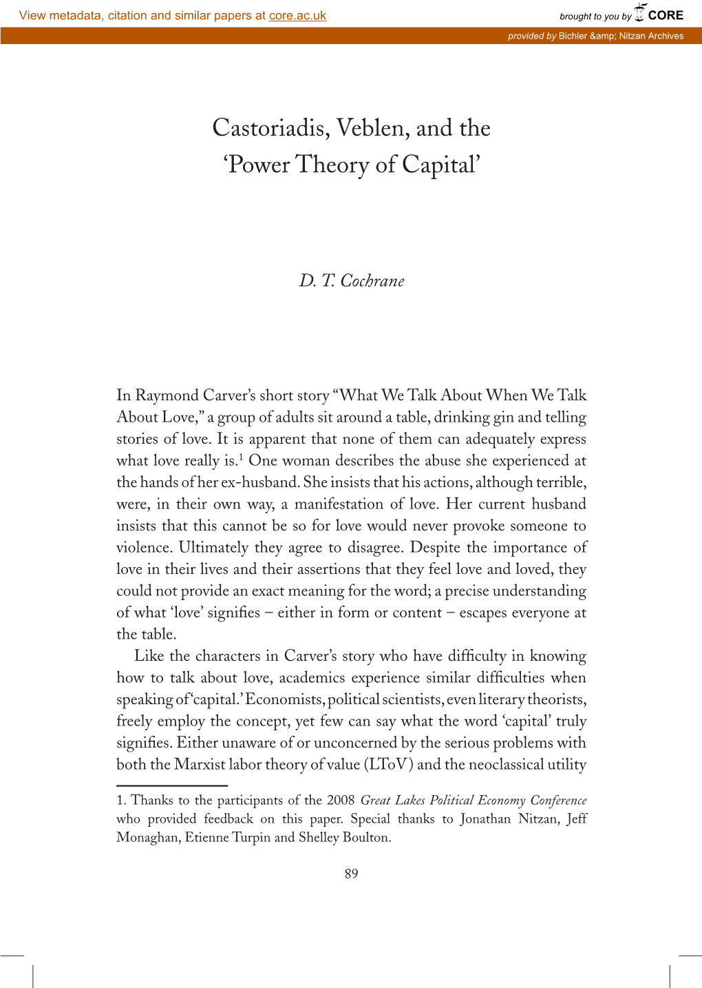 Castoriadis, Veblen and the 'Power Theory of Capital'