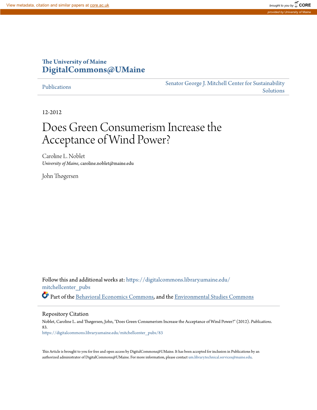 Does Green Consumerism Increase the Acceptance of Wind Power? Caroline L