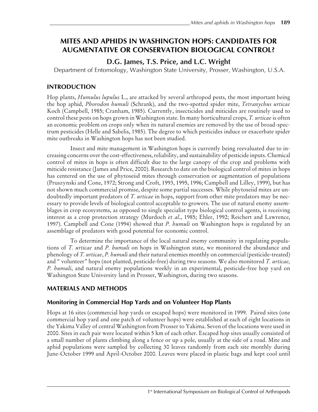 Mites and Aphids in Washington Hops 189