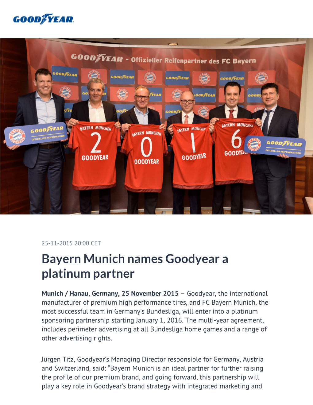 Bayern Munich Names Goodyear a Platinum Partner
