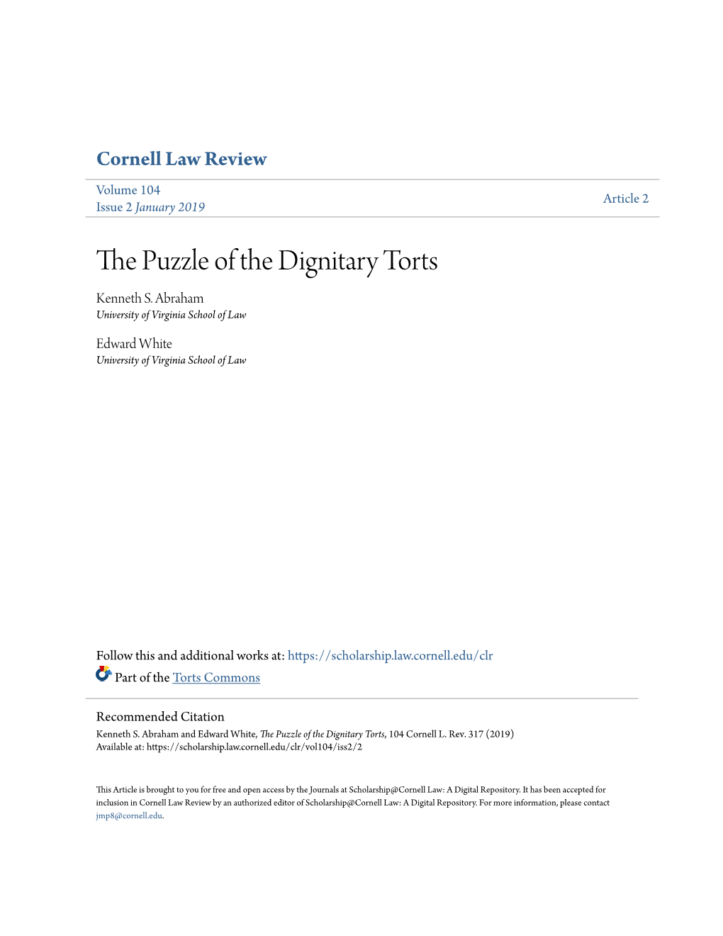 The Puzzle of the Dignitary Torts Kenneth S