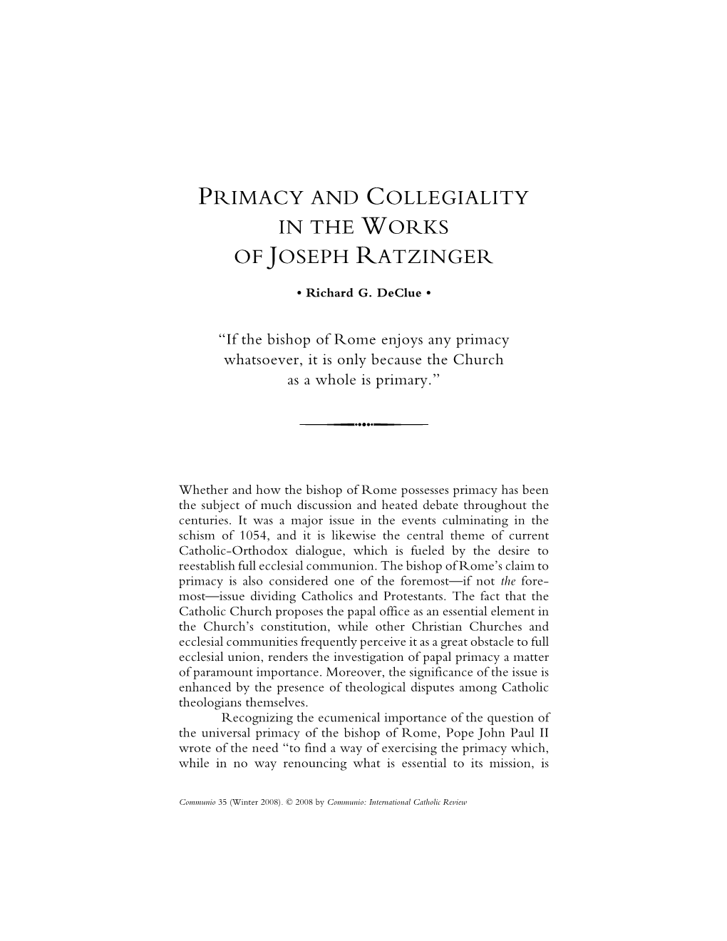 Primacy and Collegiality in the Works of Joseph Ratzinger