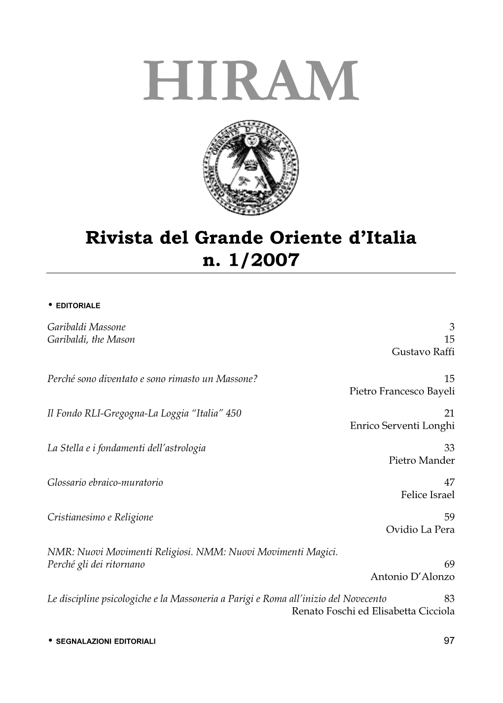 Rivista Del Grande Oriente D'italia N. 1/2007
