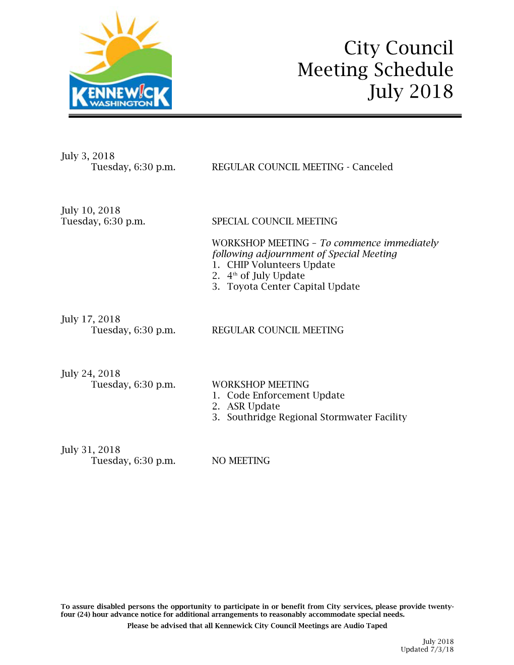 City Council Meeting Schedule July 2018