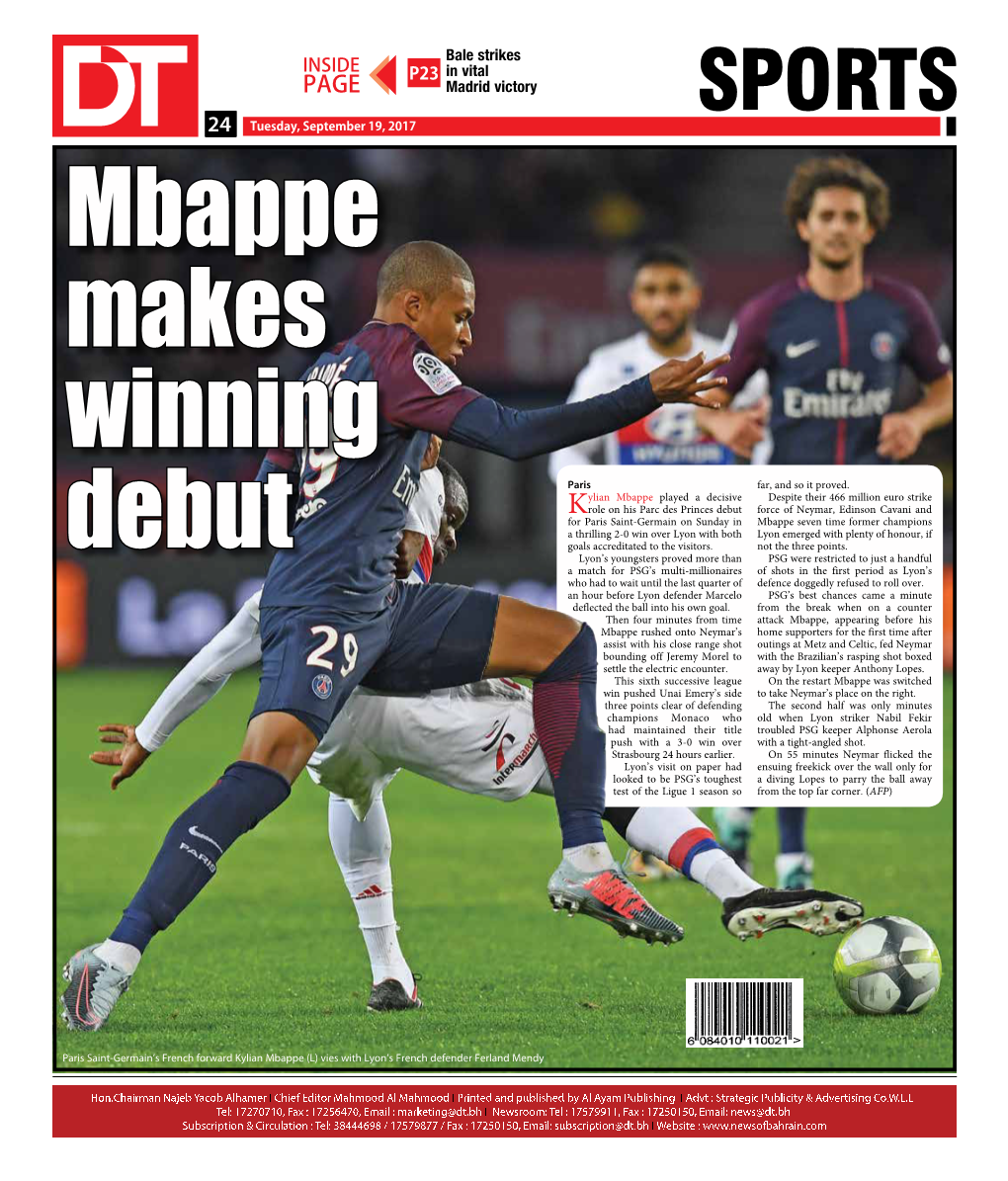 SPORTS 2424 Tuesday, September 19, 2017 Mbappe Makes Winning