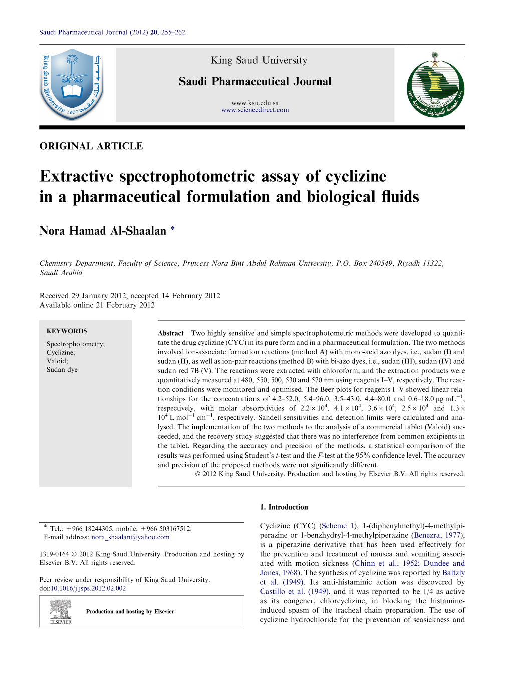 Extractive Spectrophotometric Assay of Cyclizine in a Pharmaceutical Formulation and Biological ﬂuids