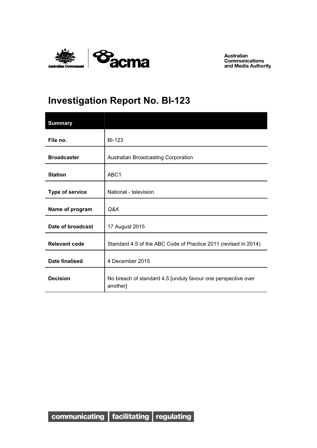 Investigation Report No. BI-123