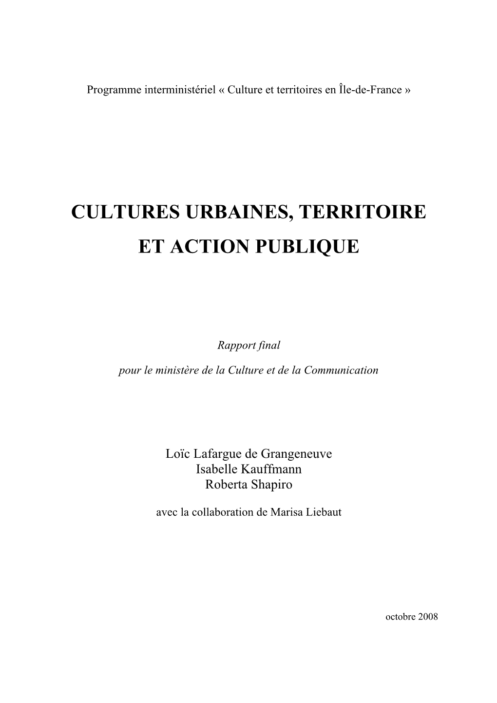 Cultures Urbaines, Territoire Et Action Publique