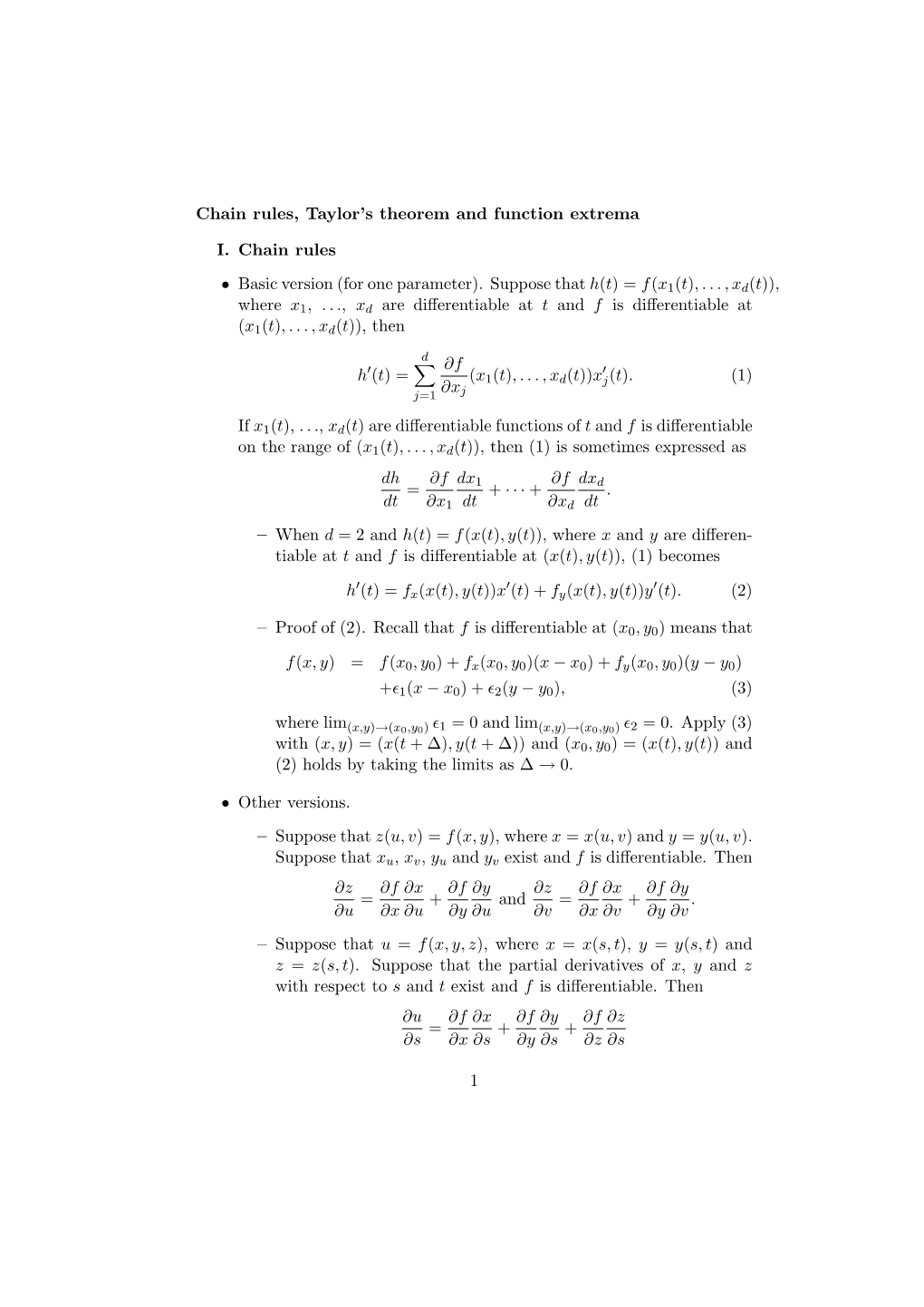 Chain Rules, Taylor's Theorem and Function Extrema