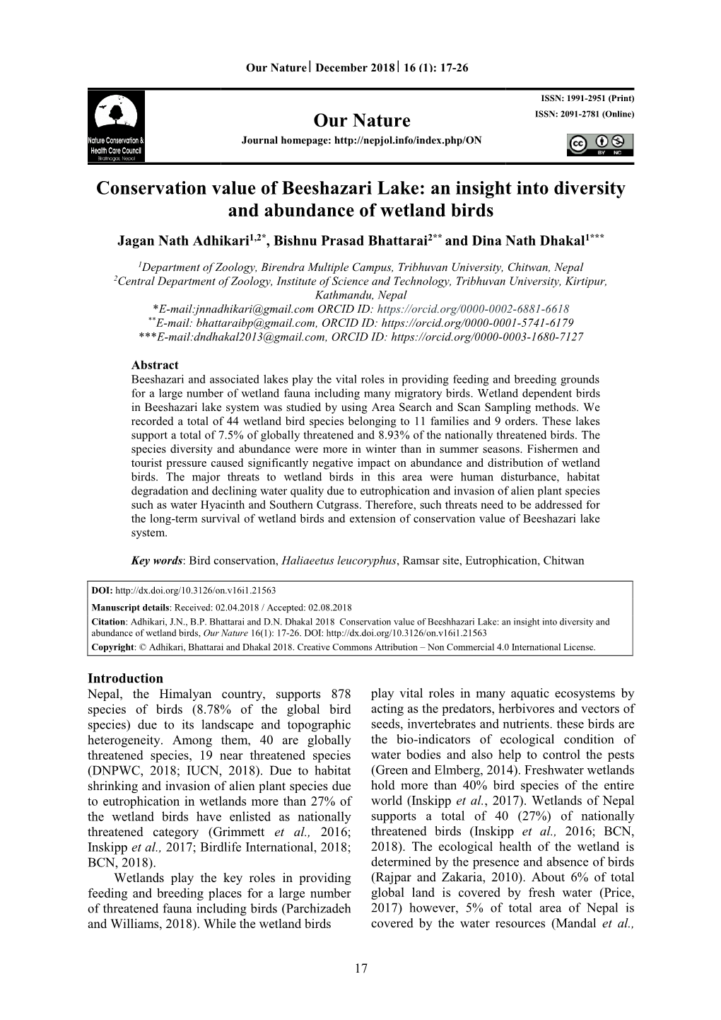 Our Nature Conservation Value of Beeshazari Lake: an Insight Into