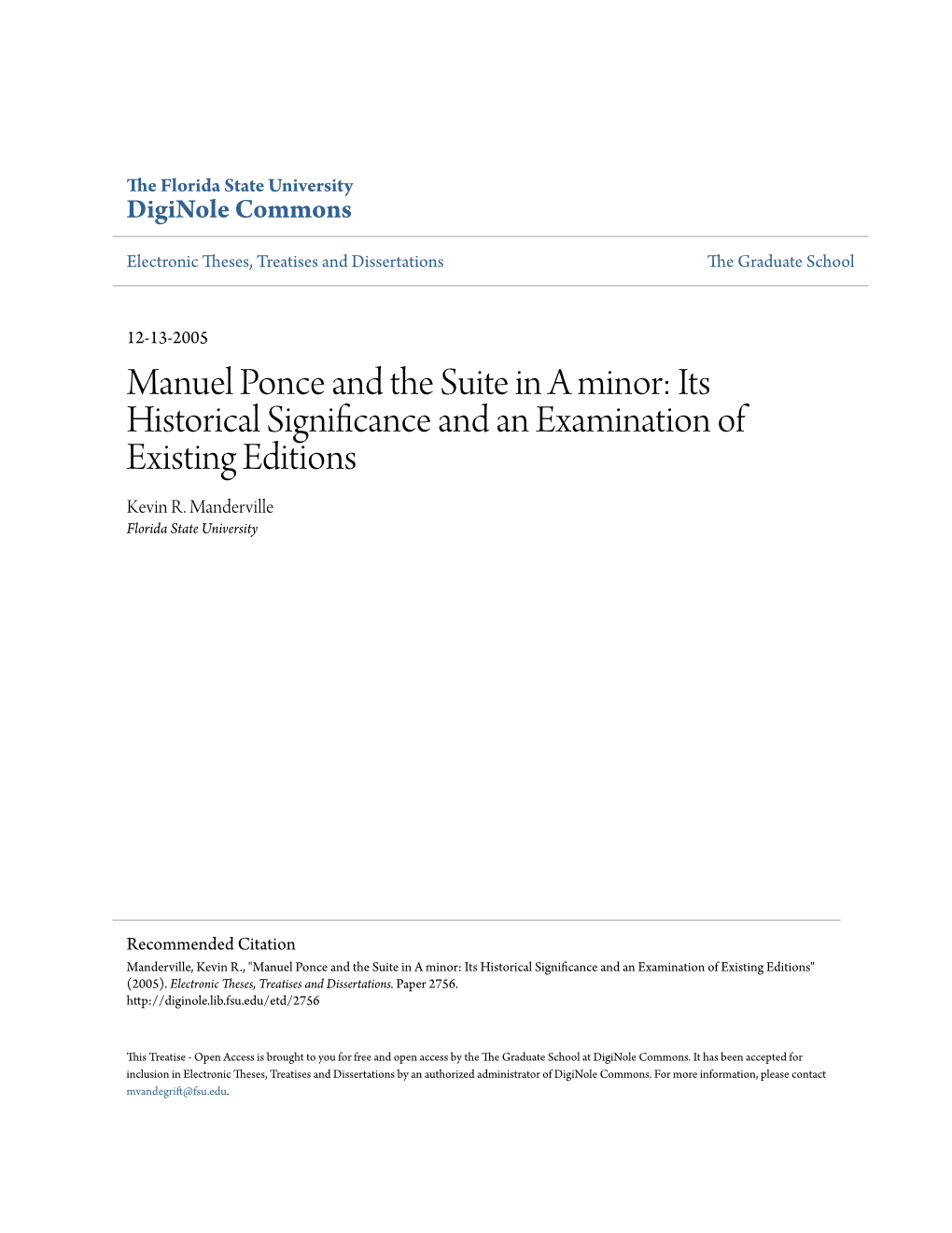 Manuel Ponce and the Suite in a Minor: Its Historical Significance and an Examination of Existing Editions Kevin R