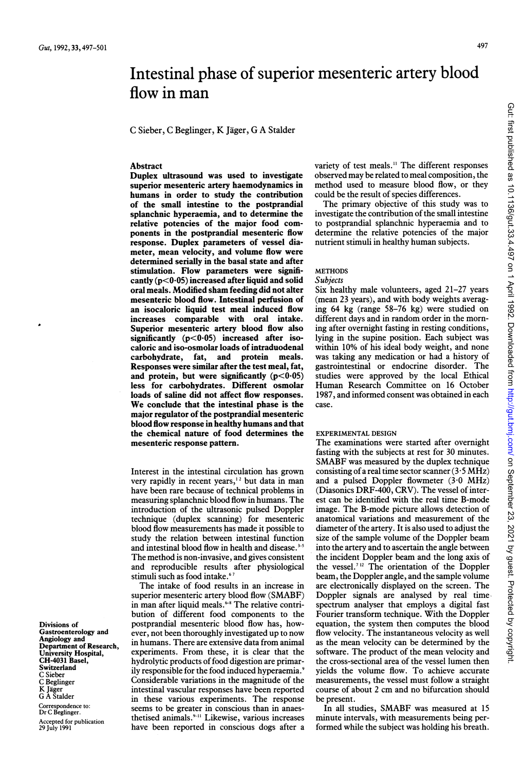 Intestinal Phase of Superior Mesenteric Artery Blood Flow in Man Gut: First Published As 10.1136/Gut.33.4.497 on 1 April 1992