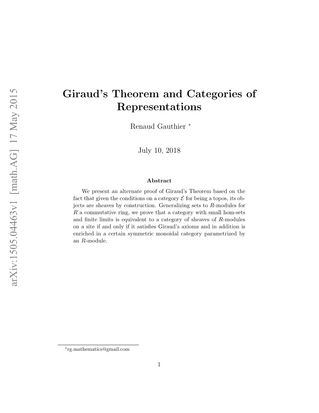 Giraud's Theorem and Categories of Representations