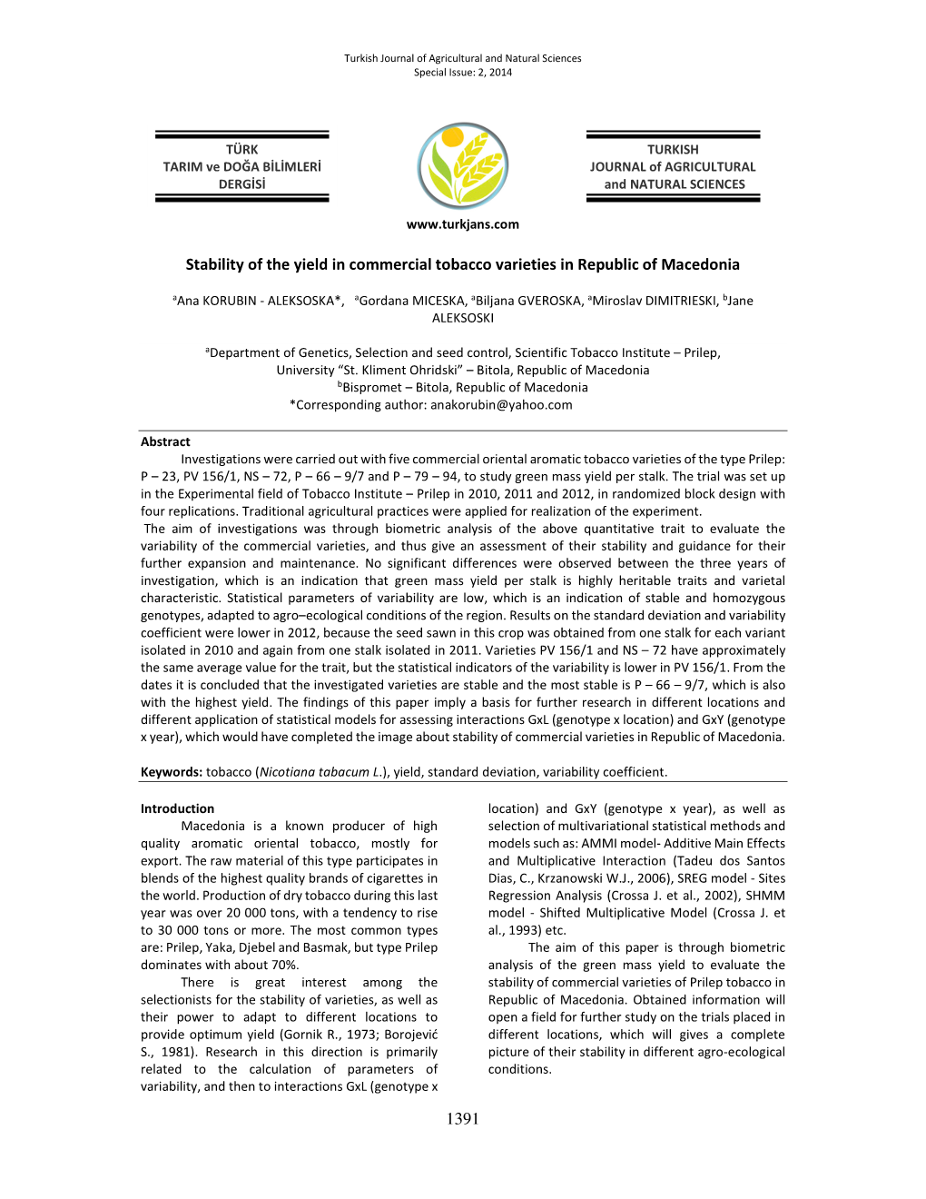 1391 Stability of the Yield in Commercial Tobacco Varieties in Republic of Macedonia