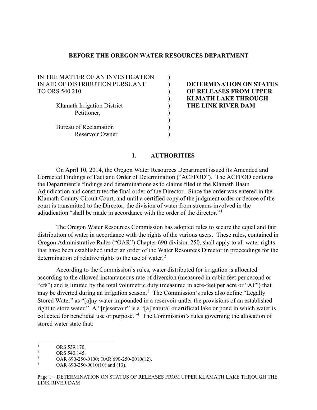 Determination on Status of Releases from Upper Klmath Lake Through