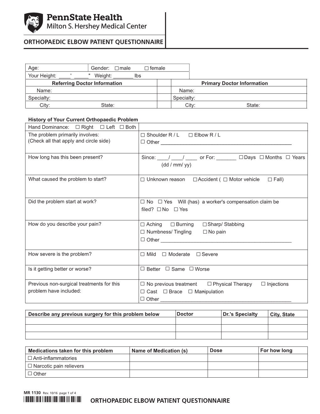 Orthopaedic Elbow Patient Questionnaire