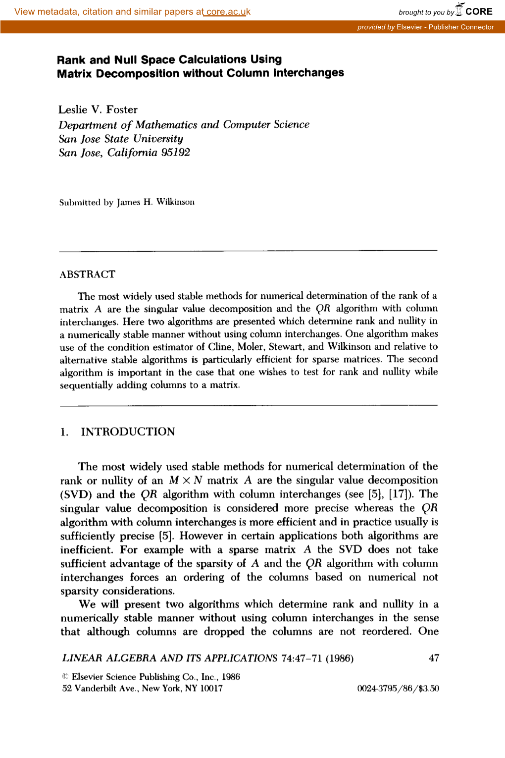 Rank and Null Space Calculations Using Matrix Decomposition Without Column Interchanges