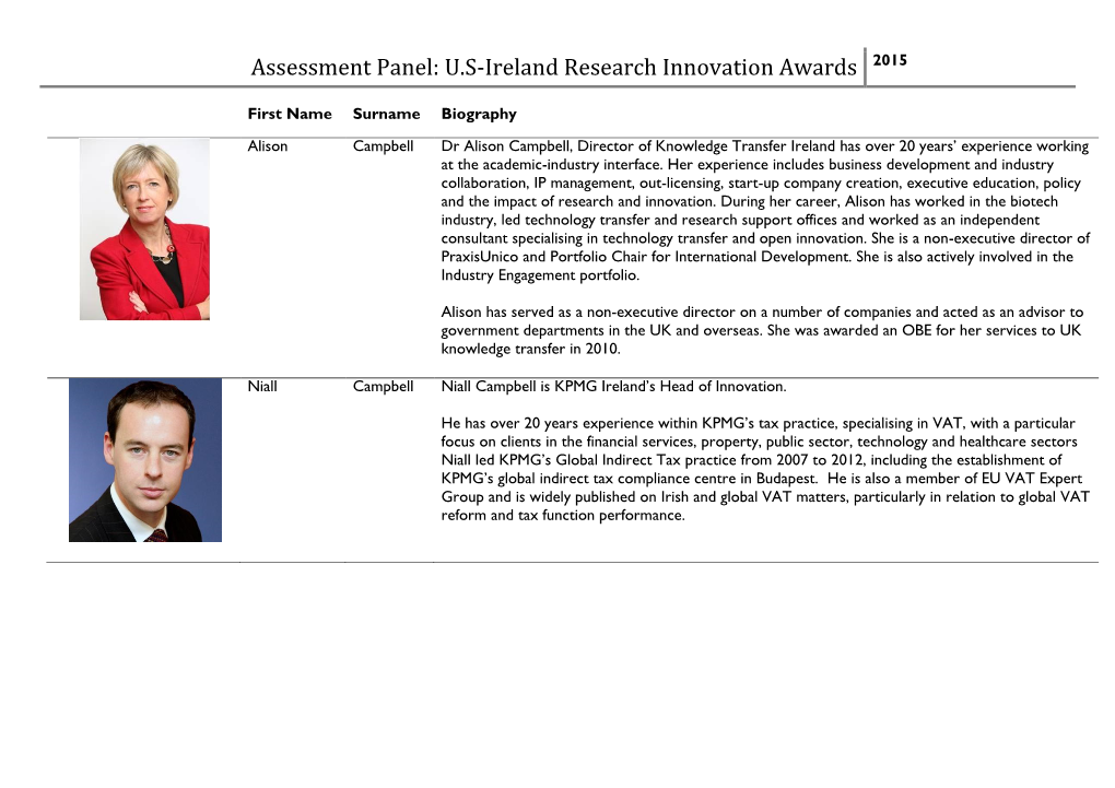 Assessment Panel: U.S-Ireland Research Innovation Awards 2015