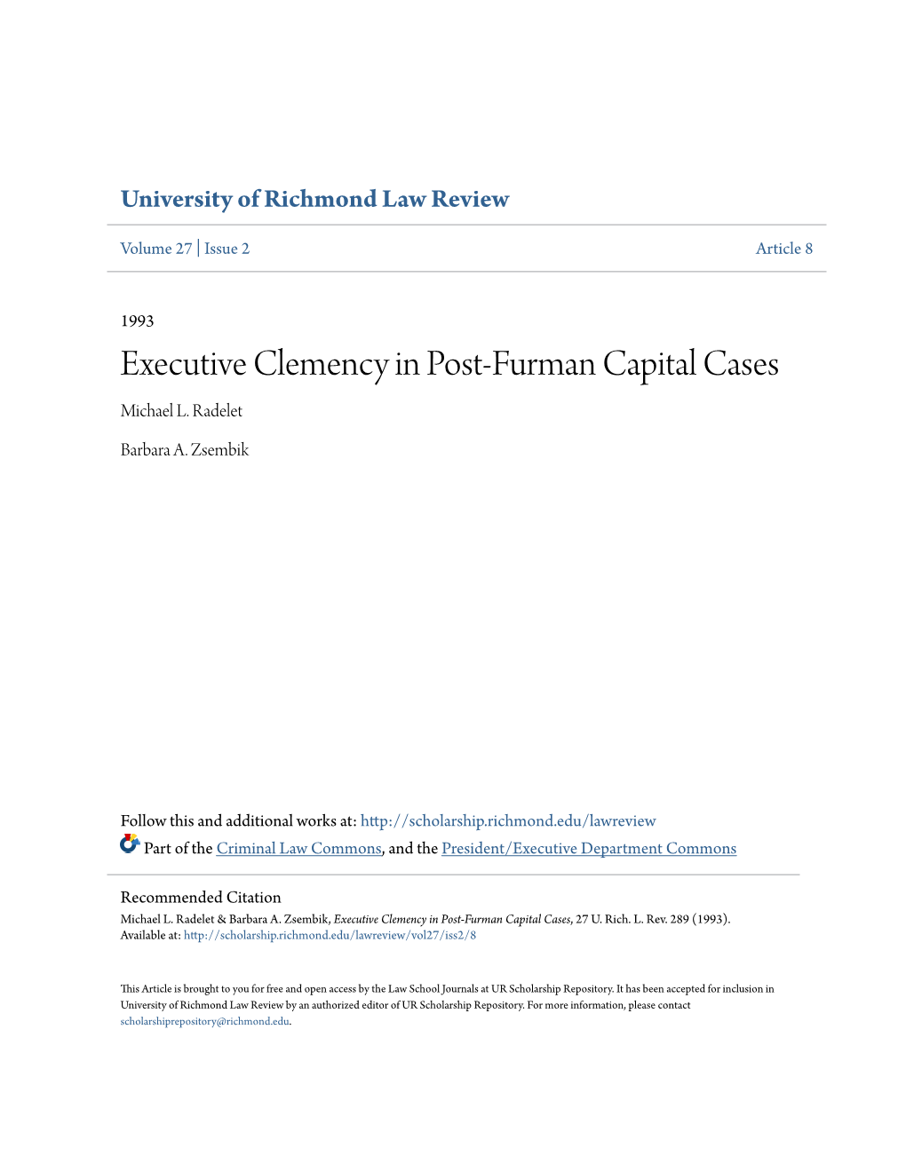 Executive Clemency in Post-Furman Capital Cases Michael L