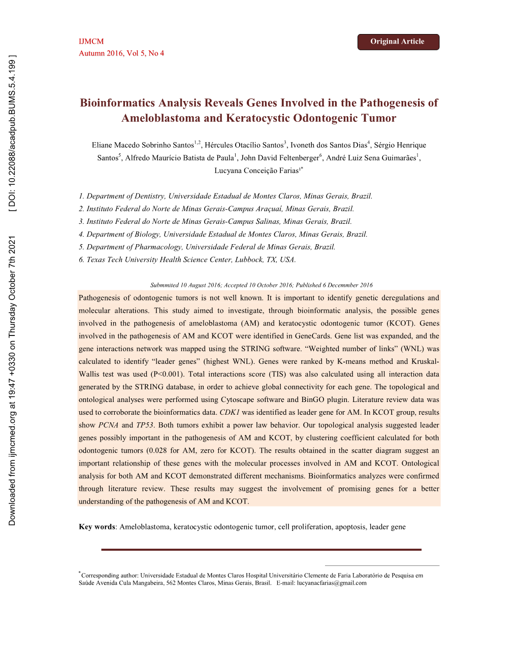 Bioinformatics Analysis Reveals Genes Involved in the Pathogenesis of Ameloblastoma and Keratocystic Odontogenic Tumor