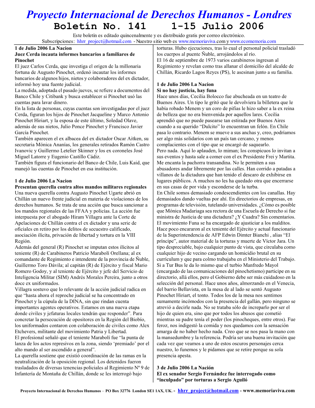 Proyecto Internacional De Derechos Humanos - Londres Boletín No