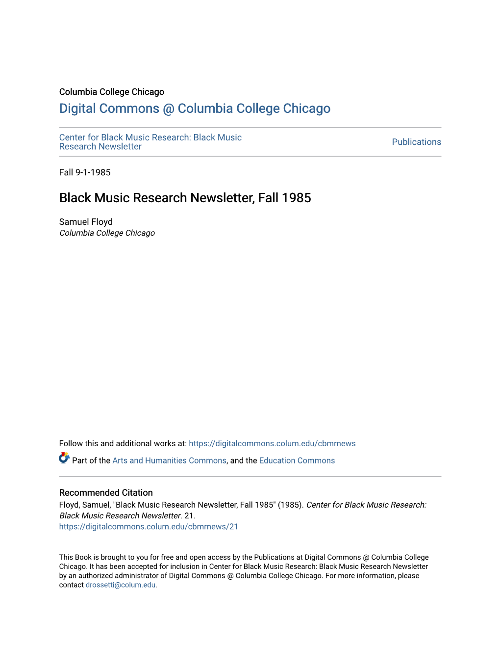 Black Music Research Newsletter, Fall 1985