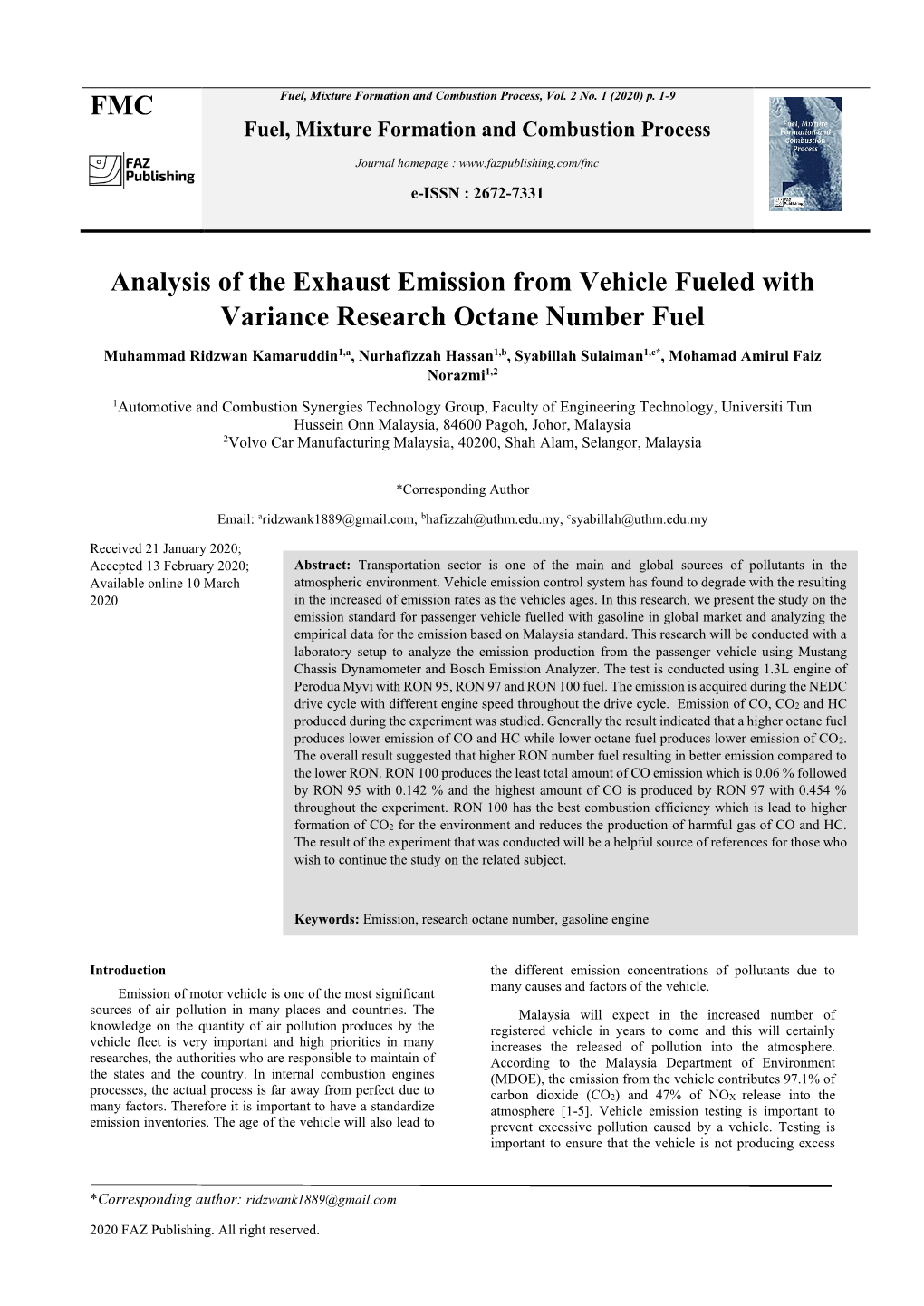 FMC Analysis of the Exhaust Emission from Vehicle Fueled with Variance