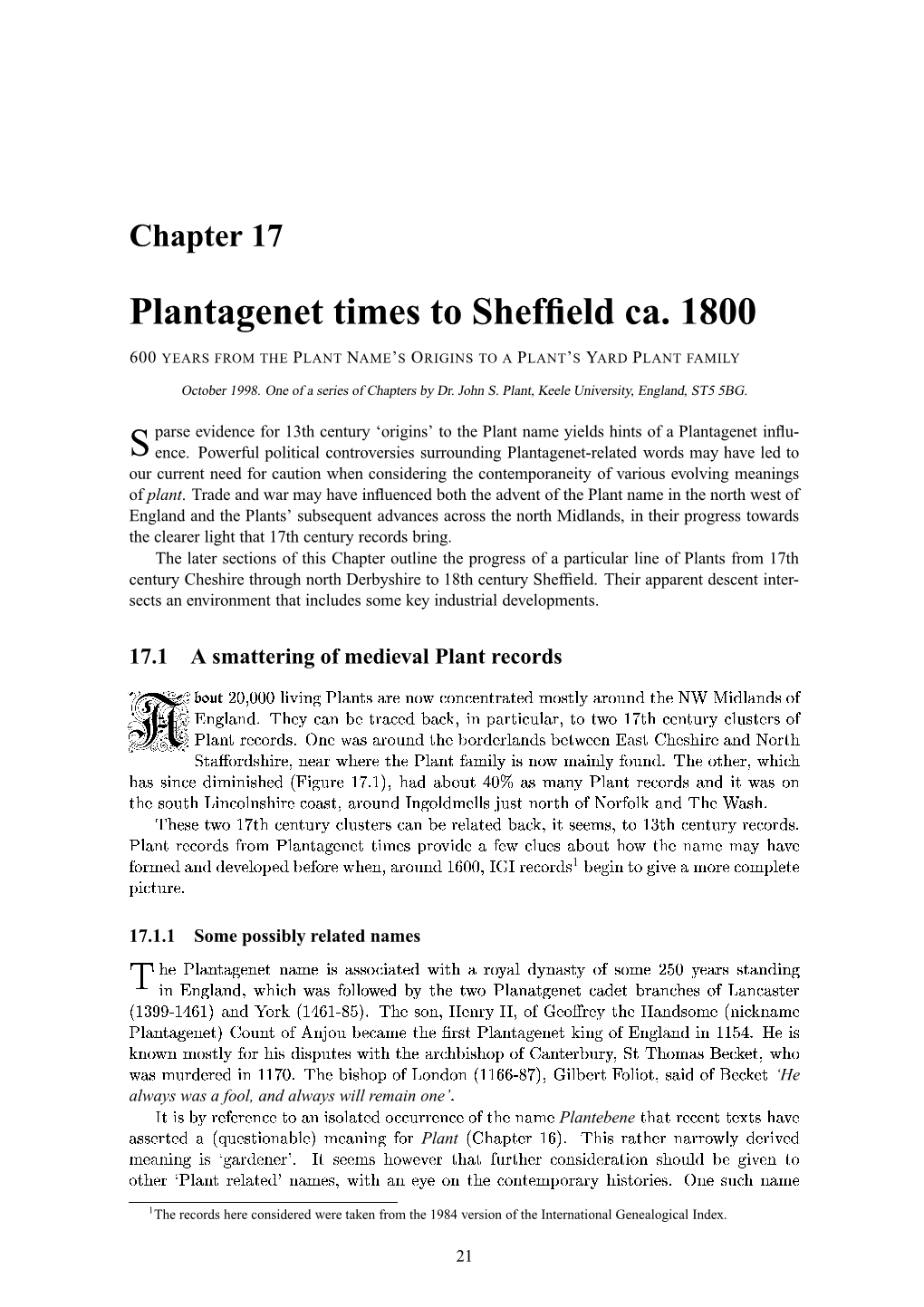 Plantagenet Times to Sheffield Ca. 1800