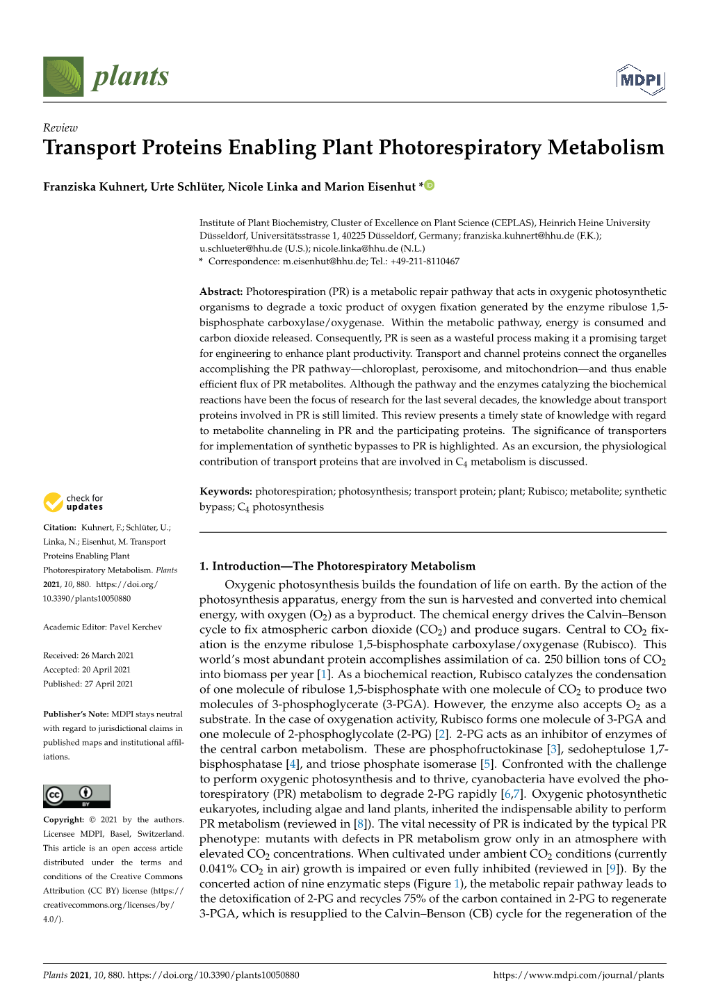 Transport Proteins Enabling Plant Photorespiratory Metabolism