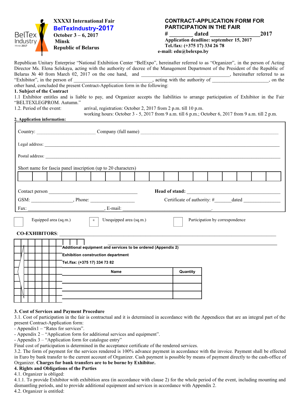 Contract-Application Form for Participation in the Fair