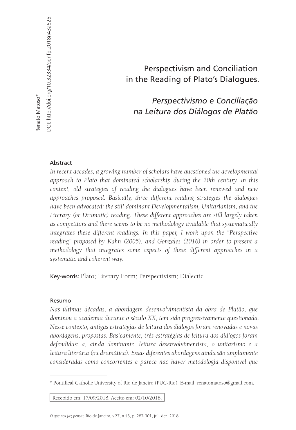 Perspectivism and Conciliation in the Reading of Plato's Dialogues