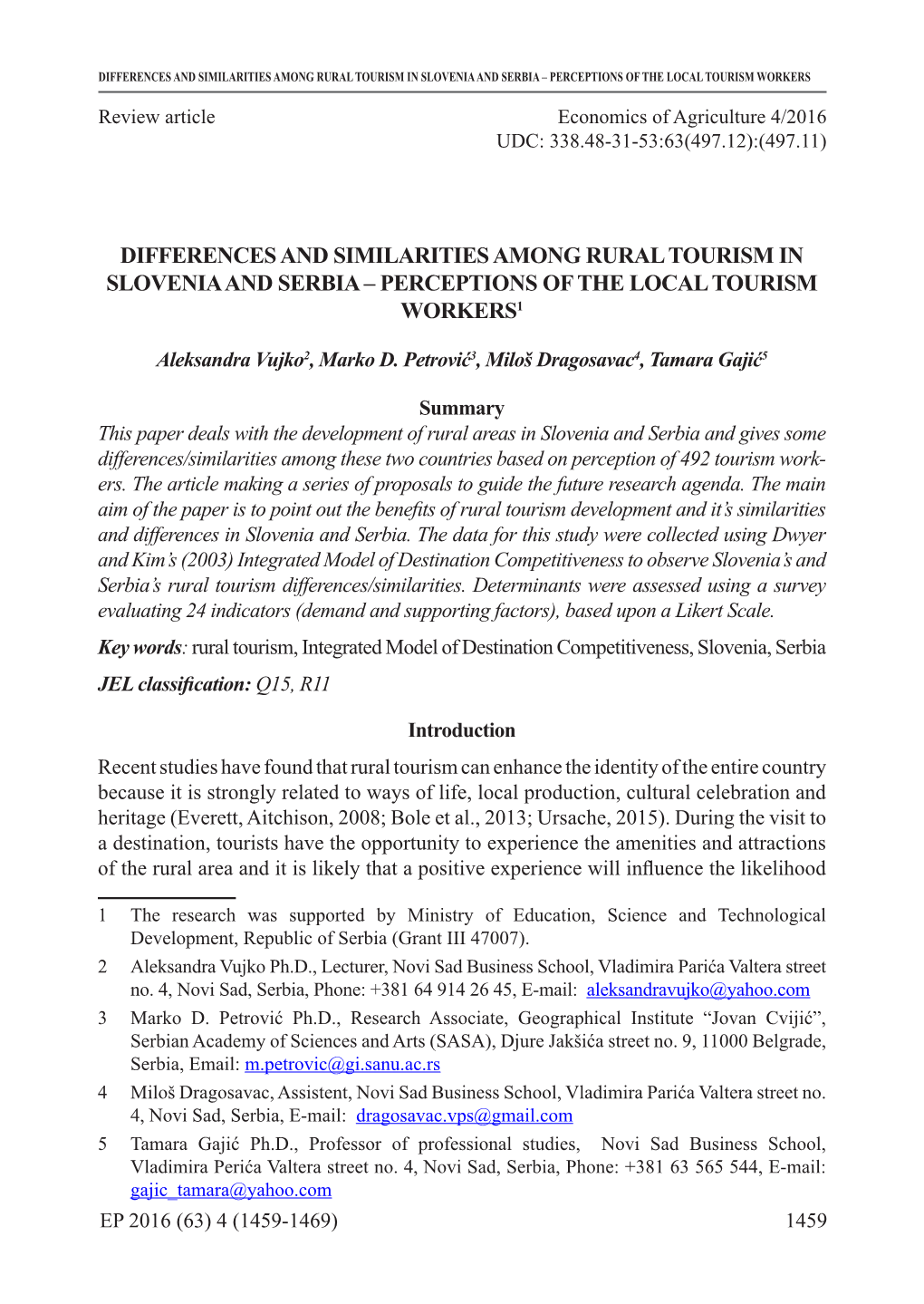 Differences and Similarities Among Rural Tourism in Slovenia and Serbia – Perceptions of the Local Tourism Workers