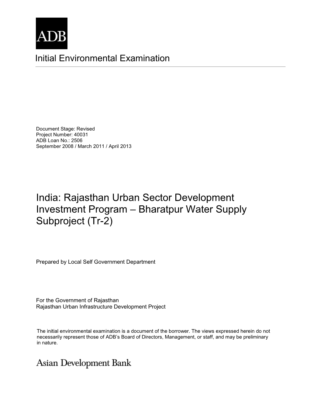India: Rajasthan Urban Sector Development Investment Program – Bharatpur Water Supply Subproject (Tr-2)